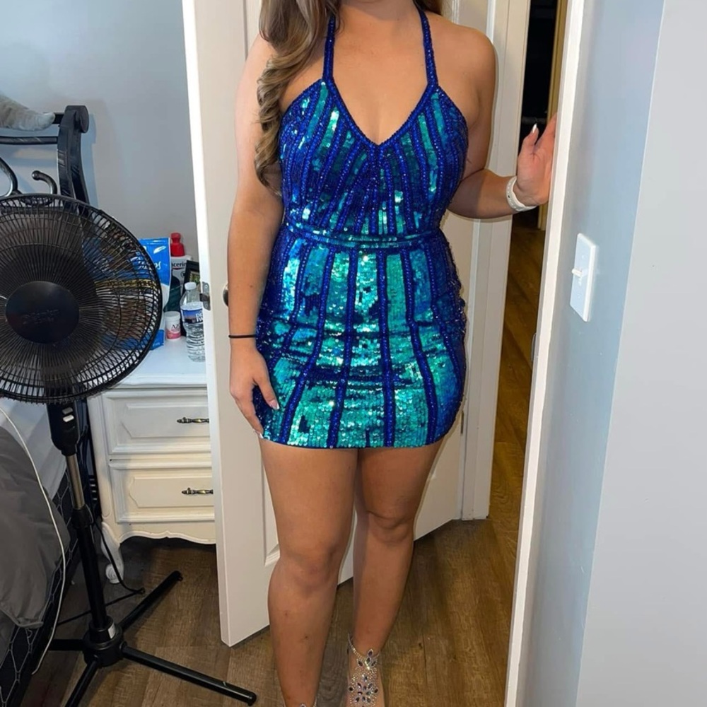 Sequin Halter Mini Dress in Blue and Green